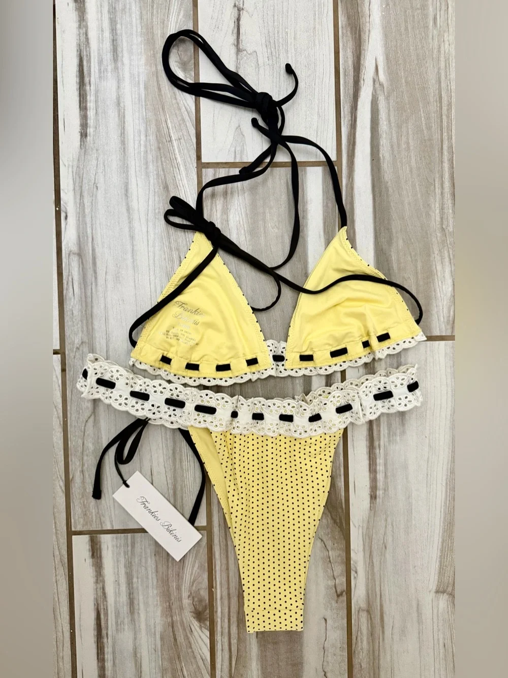 NWT-Frankie's Bikinis, Lana Bikini top, Lacy Micro Bikini bottom in Lemon Dot, L